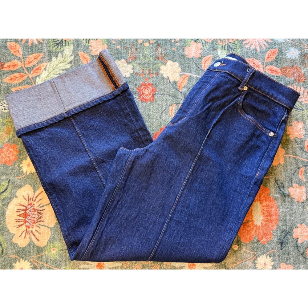 LOFT The Wide Leg Dark Wash Seamed Cuffed Denim Jeans 30/10